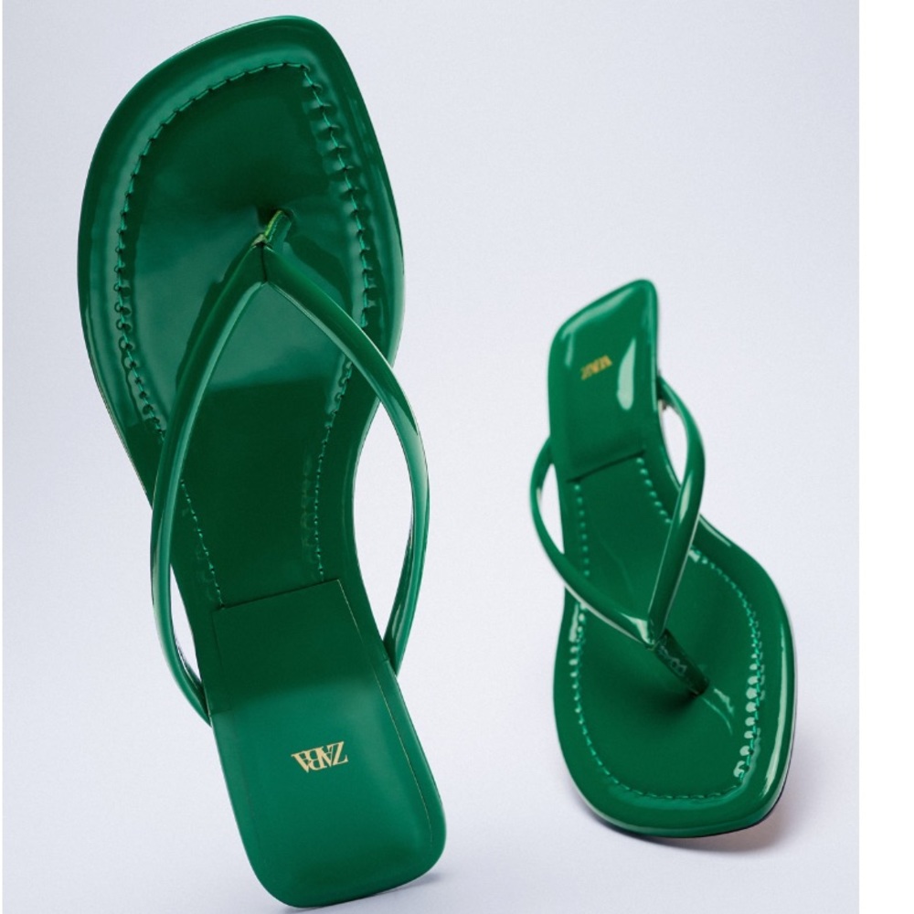 Zara Green Patent square toe kitten heel sandals